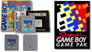 Cartucho, caixa e manual do jogo Super Mario Land para Game Boy com o logotipo "Game Boy Game Pak" i
