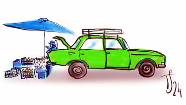 Dessin de vendeur de légumes en Lada au marché de Kutaisi, Géorgie