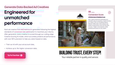 a website page with a picture of a woman with the text Data-backed Ad Creatives