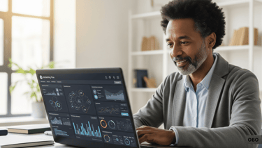 Marketer analyzing AI-driven marketing data on laptop.