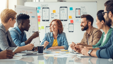 Diverse team brainstorming app ideas around a table.