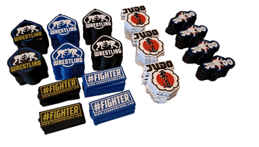 a bunch of badges and badges on a black background