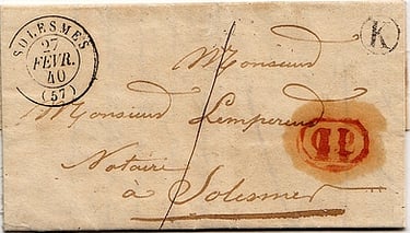 Letter mailed in the village of BERMERAIN (letter-stamp K) for SOLESMES.