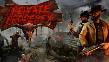 Two men holding guns fighting zombies in the image of the VR video game private property