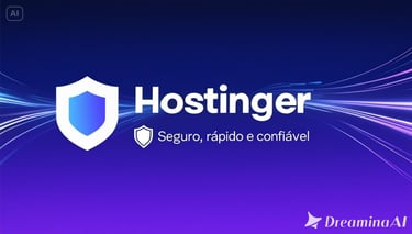 Hostinger web hosting logo with security shield icon on a purple gradient background.