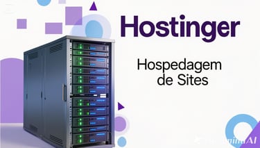 Hostinger web hosting server rack with text Hospedagem de Sites in a data center environment.