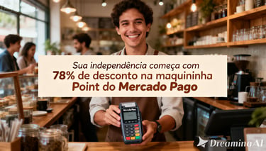 Smiling barista holding a Mercado Pago Point card machine with 78% discount offer in a coffee shop.