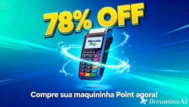 Mercado Pago Point card machine with 78 percent discount on a blue background with glowing lights.