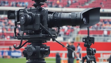 A young man operates a professional video camera on a tripod, wearing headphones and an equipment vest. He appears focused on his task. The background features a black and white fabric banner and a building with red and white colors.