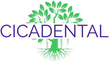 CICADENTAL logo featuring purple text over a vibrant green tree graphic with visible roots.