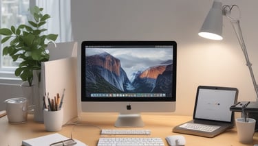 A collection of tech gadgets including a laptop, smartphone, smartwatch, and wireless earbuds placed on a white surface. A large green leaf partially covers the items, adding a touch of nature to the arrangement. A wooden board is partially visible underneath the leaf.
