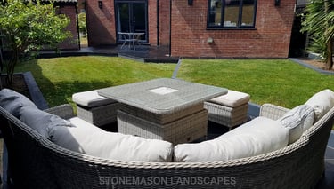 Corner Triangle Garden With Black & Grey Limestone Patio Sleeper Retaning Walls Multi-tier Level