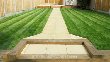 Large multi-level tiered garden makeover, sleeper retaining wall and steps elevated garden