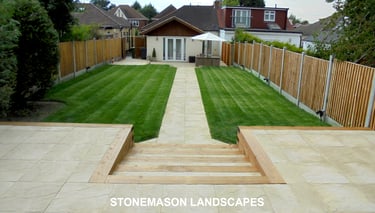 Large multi-level tiered garden makeover, sleeper retaining wall and steps elevated garden