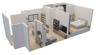 Modern 3D studio apartment floor plan with minimalist living room, bedroom, and wood flooring.