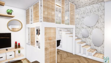 Visuel photoréaliste d'une pièce de vie avec un lit mezzanine et un espace bureau dessous