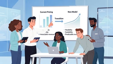Diverse business team discussing a SaaS pricing model transition with growth charts on a whiteboard.