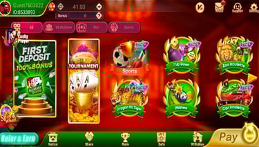 Mobile casino app dashboard featuring card games, sports betting, and slots with a 100% first deposit bonus.