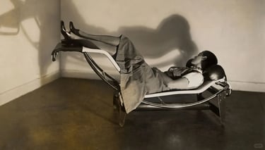 Person reclining on a modern chaise longue in a black and white photograph showing human-centered fu
