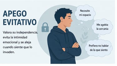 Infografía sobre apego evitativo con un hombre cruzado de brazos y frases sobre independencia emocional.