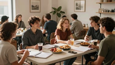 Wide shot of a Third Space community pop-up in a warmly lit room, folding tables with notebooks and snacks, small groups in animated conversation, earth-toned décor, afternoon daylight, candid and communal energy