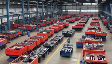 A blue car is parked inside a mechanic's workshop. The car is raised on a jack with its front wheel removed, indicating ongoing repair or maintenance work. Various tools and equipment are visible around the car, including a red hydraulic jack in the foreground and several mechanics' tools hanging from the ceiling. The workshop is partially open, with sunlight casting shadows on the concrete floor and blue corrugated metal walls.