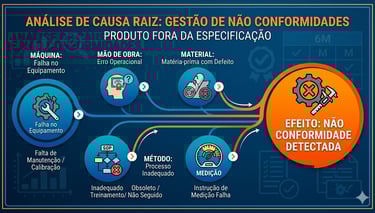 Diagrama de Ishikawa ilustrando a análise de 'Produto Fora da Especificação'