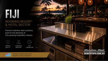 Commercial kitchen counter featuring durable stainless steel benches Fiji.