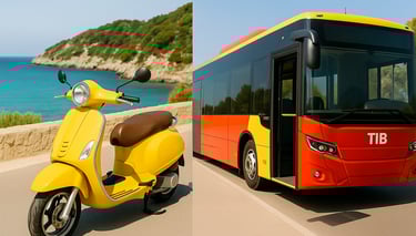 Comparativa de opciones de transporte económico en Mallorca: un scooter amarillo en una carretera costera y un autobús TIB ro