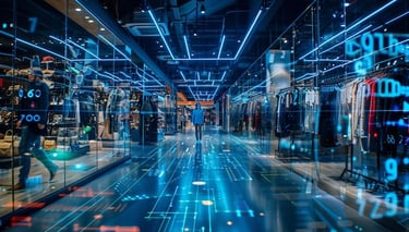 a man walking through a store with a futuristic display of electronic devices