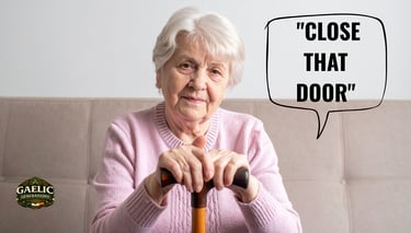 An elderly Irish woman with a walking stick sitting on a couch with "Close That Door" speech bubble