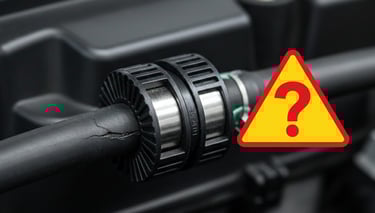 Magnetic Saver on Fuel Line: Close-up of a magnetic clip on a car fuel line with a red warning sign and question mark.