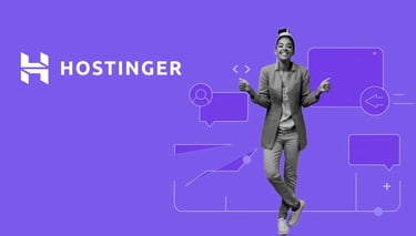 a woman in a suit and a purple background with the word hostinger