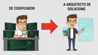 un meme del paso del codificador al arquitecto de soluciones