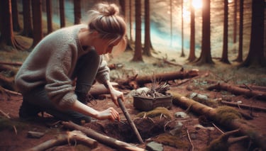 a woman in the wilderness sharpening a stick