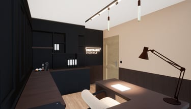Bureau d'architecte d'intérieur aménagé avec des mobiliers sur-mesure noirs et contemporains