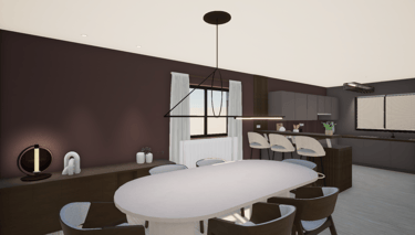Salle à manger dans les tons marrons, mobilier beige clair et luminaire contemporain