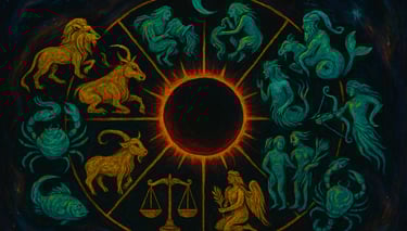 A wide celestial painting of the twelve zodiac signs encircling a dark solar eclipse, glowing with fiery corona and cosmic li