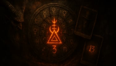 Dark wide artwork of a blood‑red eclipse with a hidden thirteenth constellation.