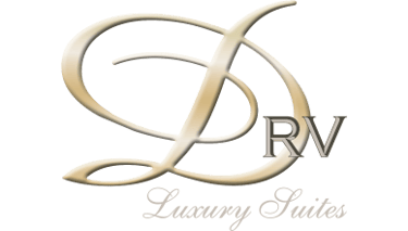 Elegant DRV Luxury Suites logo with a gold script D and silver RV text on a black background.