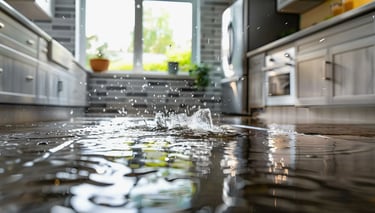 Water damage in the kitchen area. Dripping water, damaged floor and cabinets.