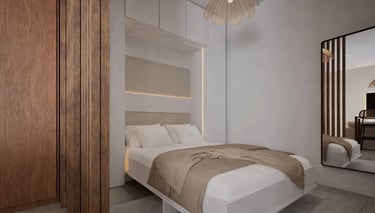 Render 3D de dormitorio minimalista con celosía en madera y iluminación indirecta