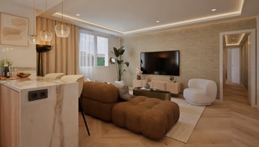 Render 3D de salón moderno con sofá curvo, televisión mural, cocina abierta y tonos cálidos.