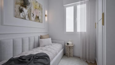 Render 3D de dormitorio secundario con cama individual tapizada y luz natural suave.