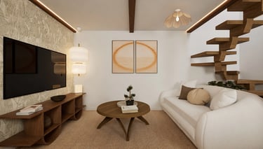 Salón acogedor con sofá curvo, mesa redonda, mueble de TV y escalera de madera.