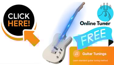 Free online guitar tuner tool with a white electric guitar and tuning fork icon.