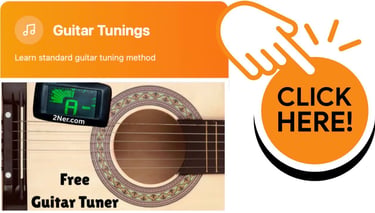 Digital clip-on tuner on an acoustic guitar for learning standard guitar tunings and free tuning methods.