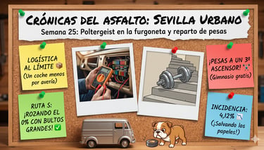 Bulletin board showing urban logistics notes, van repairs with a multimeter, and delivery challenges in Seville.