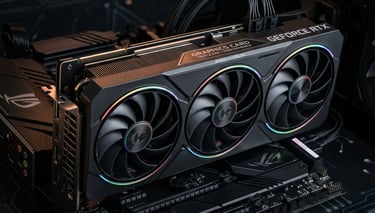 A high-performance NVIDIA GeForce RTX graphics card with triple RGB fans installed on a gaming motherboard.