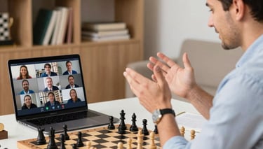 A laptop screen showing a chessboard and a coach explaining moves during an online lesson.